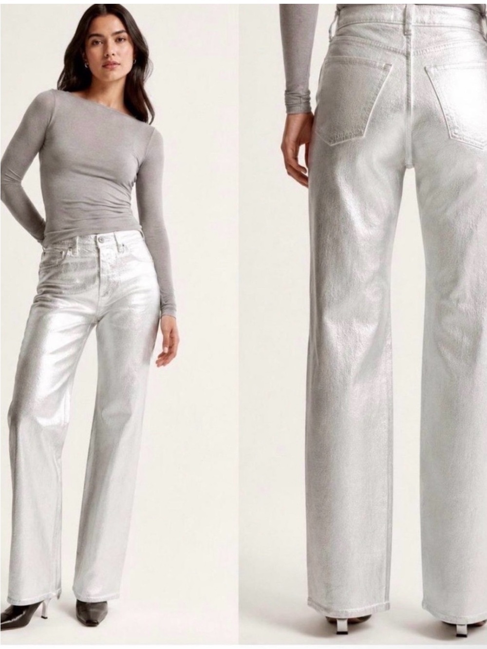 Abercrombie & Fitch Metallic Silver Straight-Leg Leather Pants